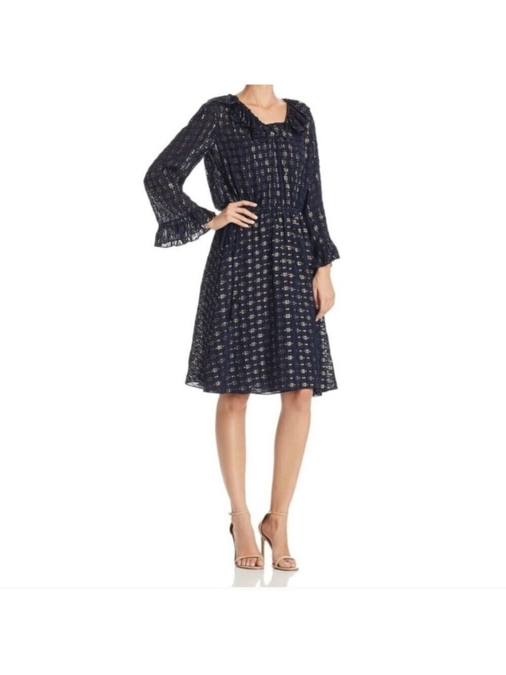 Tory Burch Dress Sz: 4 Jasmine Navy Metallic Gold Ruffles Tassels
